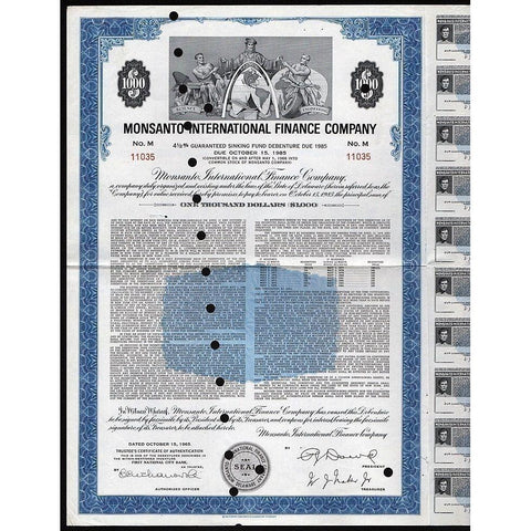 Monsanto International Finance Company Stock Certificate