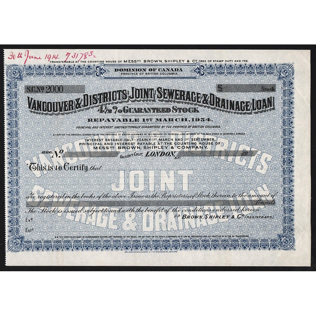 Vancouver & Districts Joint Sewerage & Drainage Loan Stock Certificate