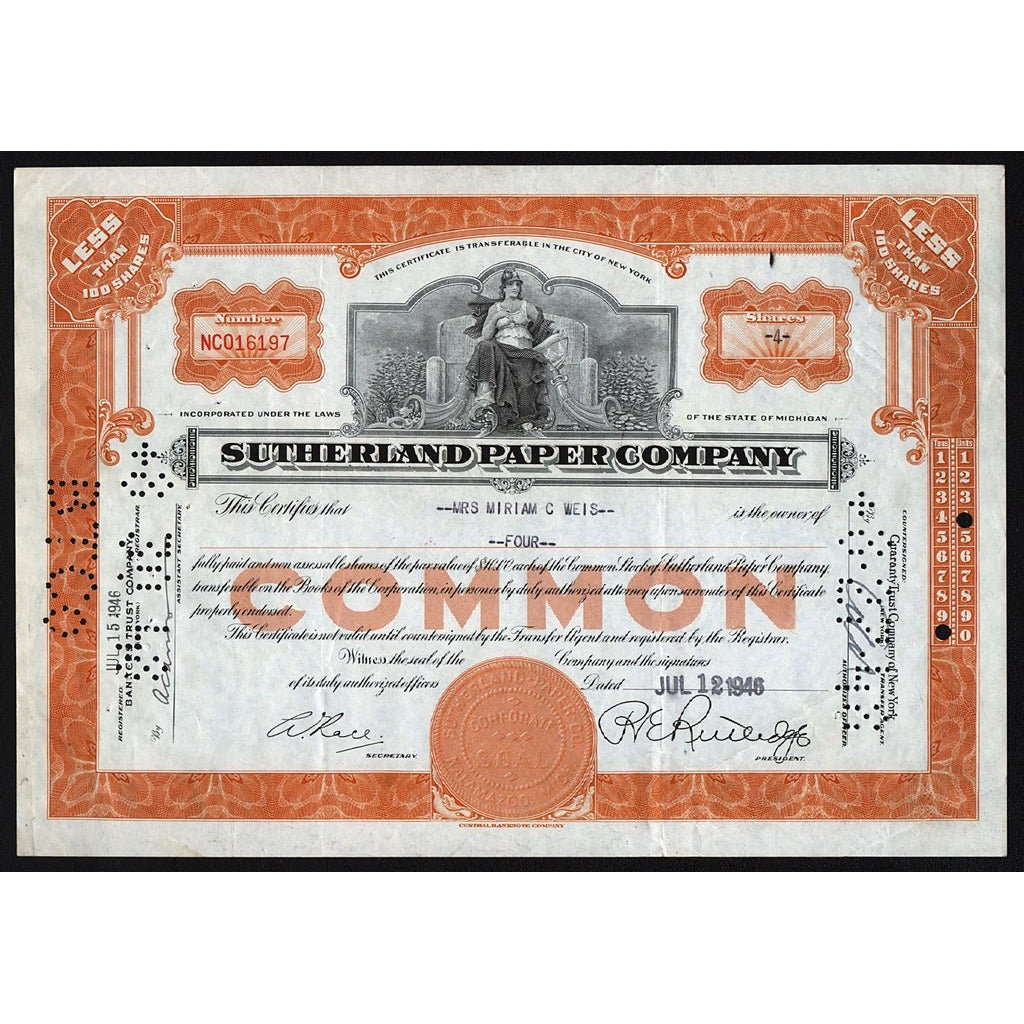 Sutherland Paper Company Michigan Stock Certificate