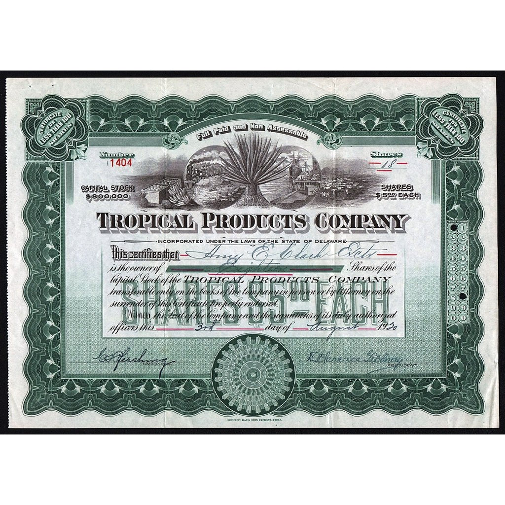 Tropical Products Company Stock Certificate