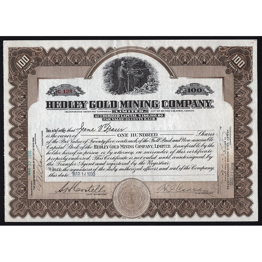 Hedley Gold Mining Company British Columbia Canada 1930 Stock Certificate