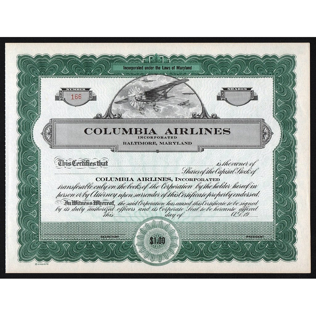 Columbia Airlines Incorporated Stock Certificate
