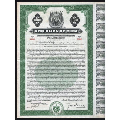 La Habana, Republica de Cuba 1952 $1000 Bond Certificate