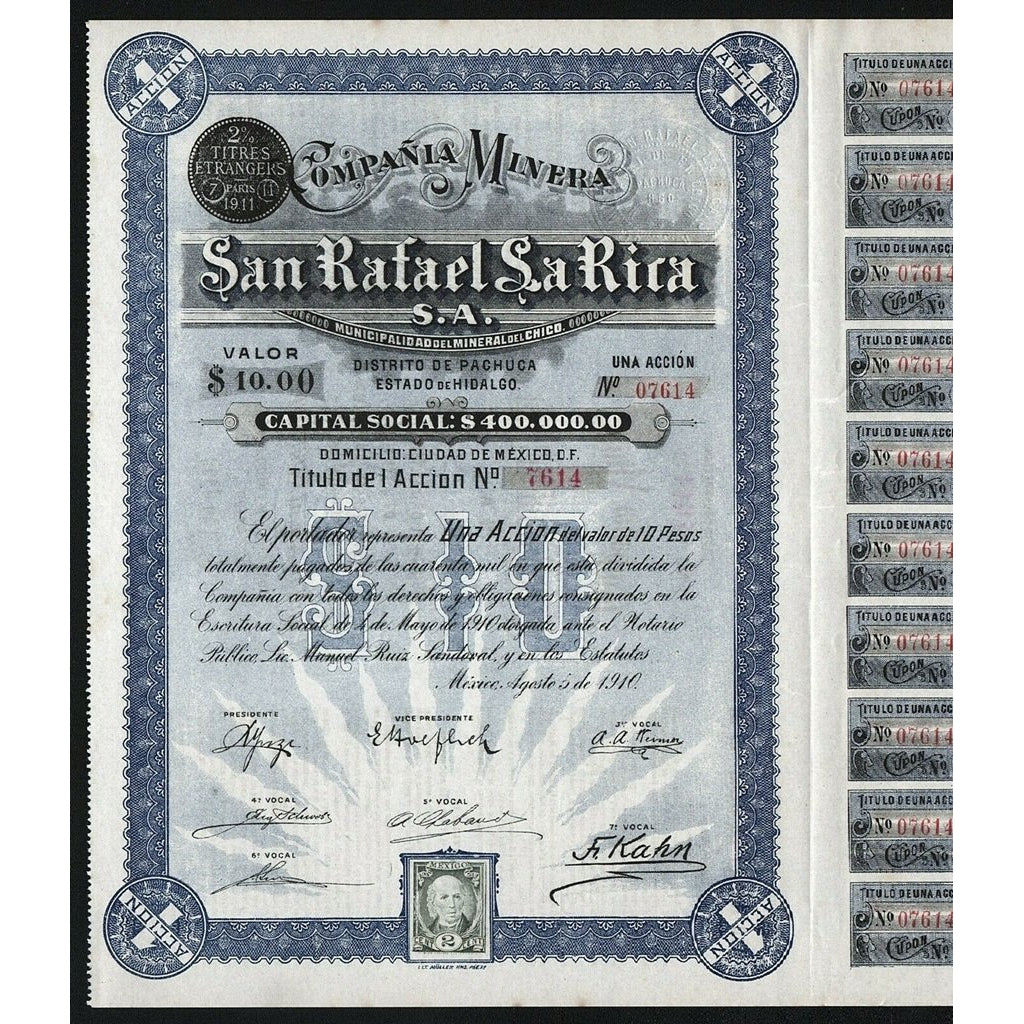 Mexico: Compania Minera San Rafael La Rica S.A.Stock Bond Certificate