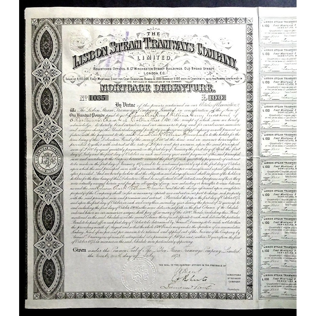 The Lisbon Steam Tramways Company 1873 £100 Mortgage Debenture Bond Certificate