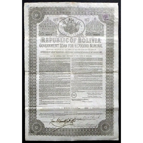 Republic of Bolivia, Government Loan 1872 £100 Bond Certificate