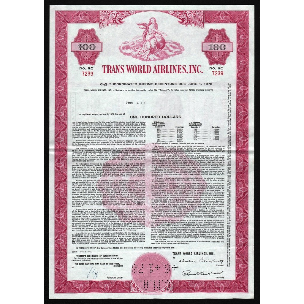 TWA - Trans World Airlines, Inc. Bond Certificate