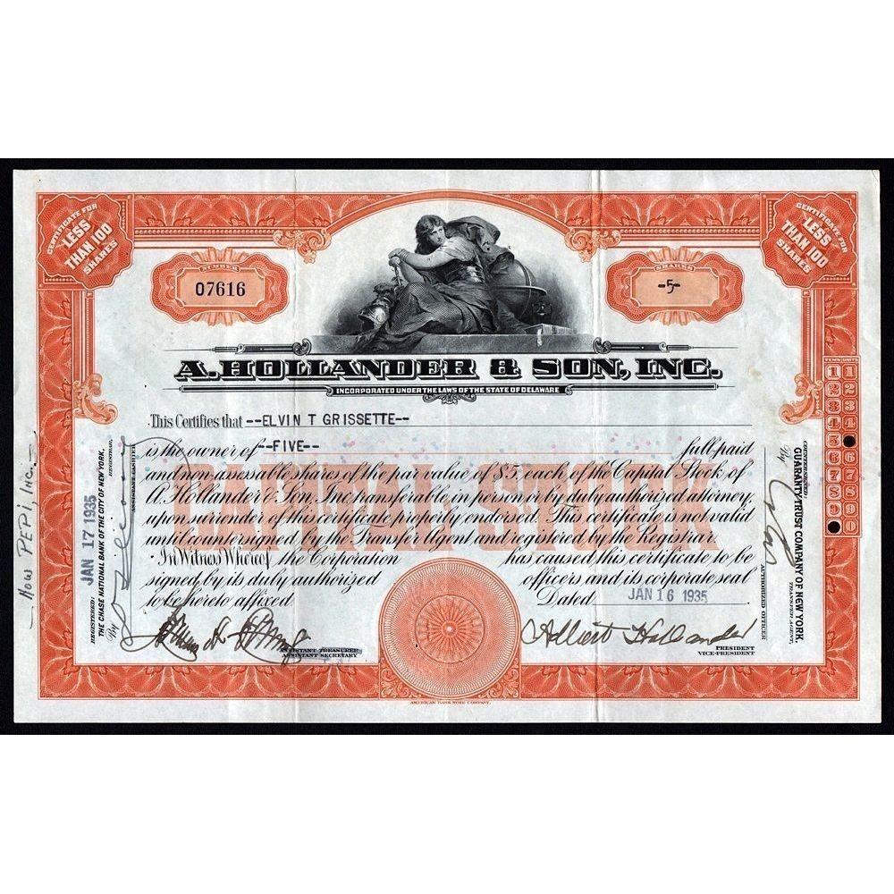 A. Hollander & Son, Inc. Stock Certificate
