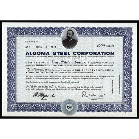 Algoma Steel Corporation Canada Panama Stock Certificate