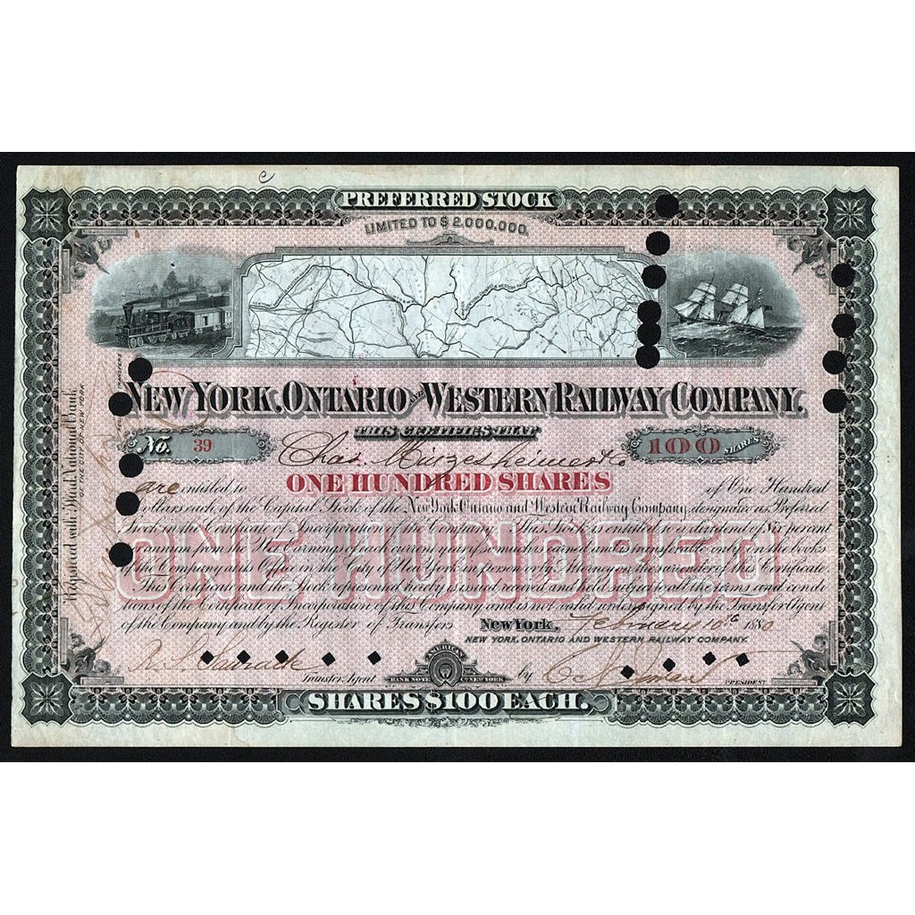 New York, Ontario and Western Railway Company 1880 Stock Certificate