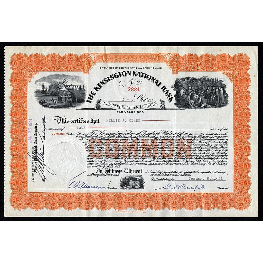 The Kensington National Bank of Philadelphia Stock Certificate