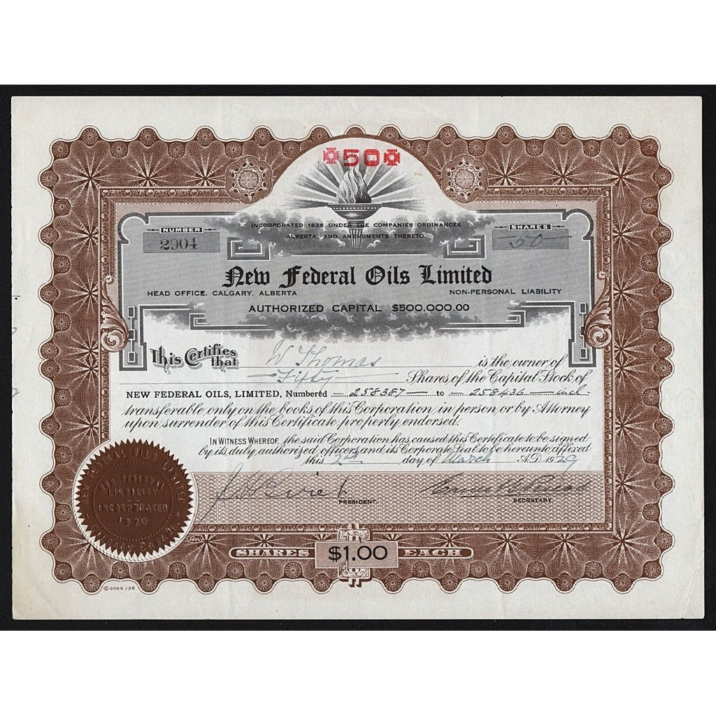 New Federal Oils Limited 1923 Alberta Canada Stock Certificate