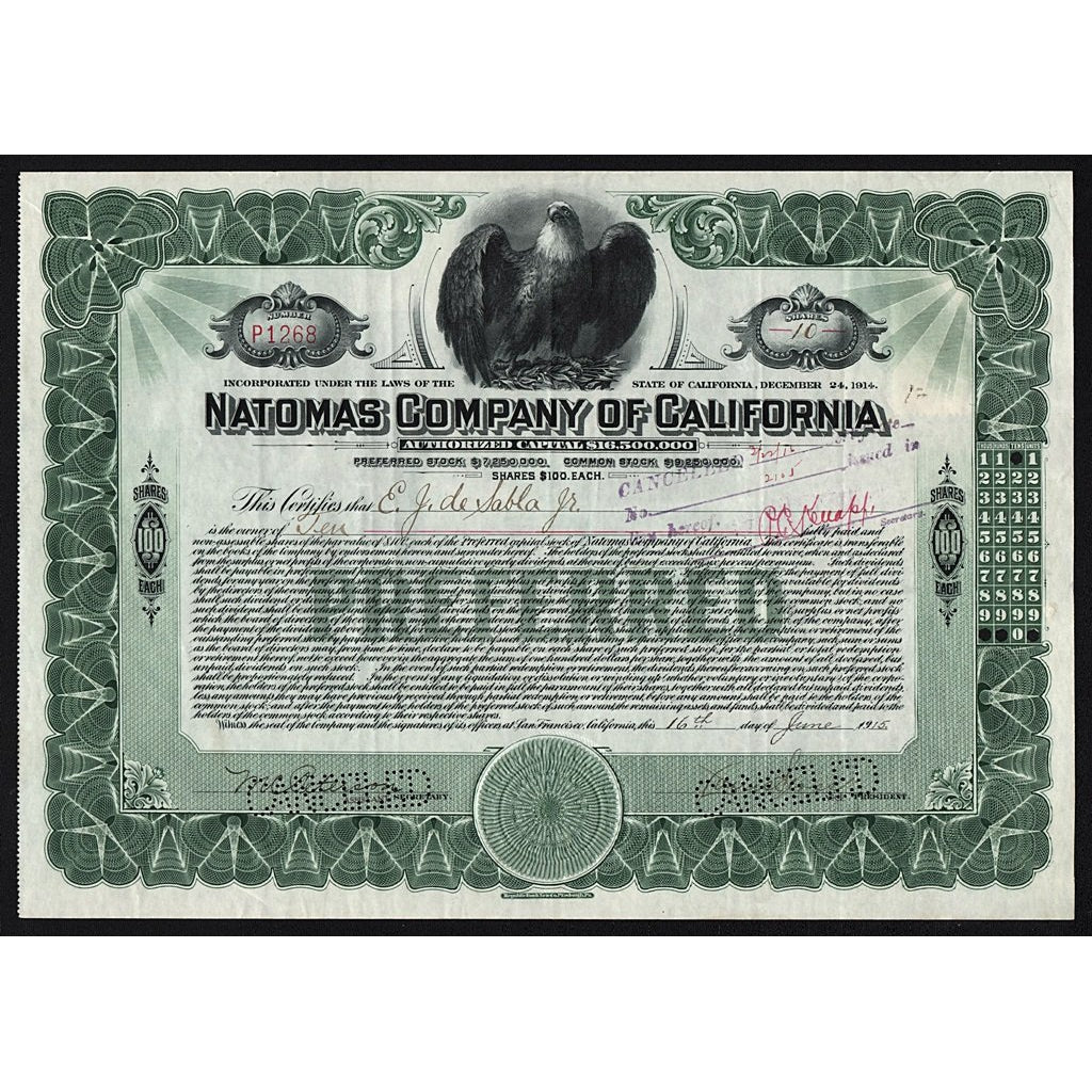 Natomas Company of California 1915 Stock Certificate
