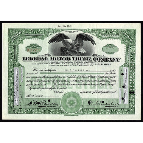 Federal Motor Truck Company (Michigan) 1943 Stock Certificate