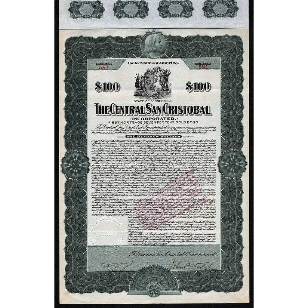 The Central San Cristobal (Incorporated) 1910 Gold Bond Certificate