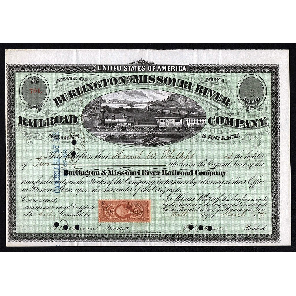 Burlington and Missouri River Railroad Company 1871 Stock Certificate