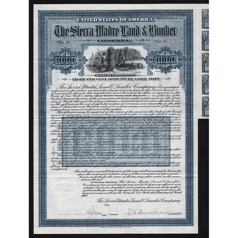 Sierra Madre Land & Lumber Company 1907 Gold Bond Certificate