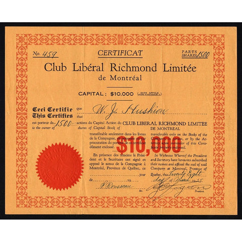 Club Liberal Richmond Limitee de Montreal 1925 Canada Stock Certificate