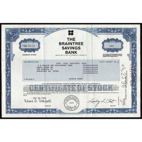 The Braintree Savings Bank Stock Certificate