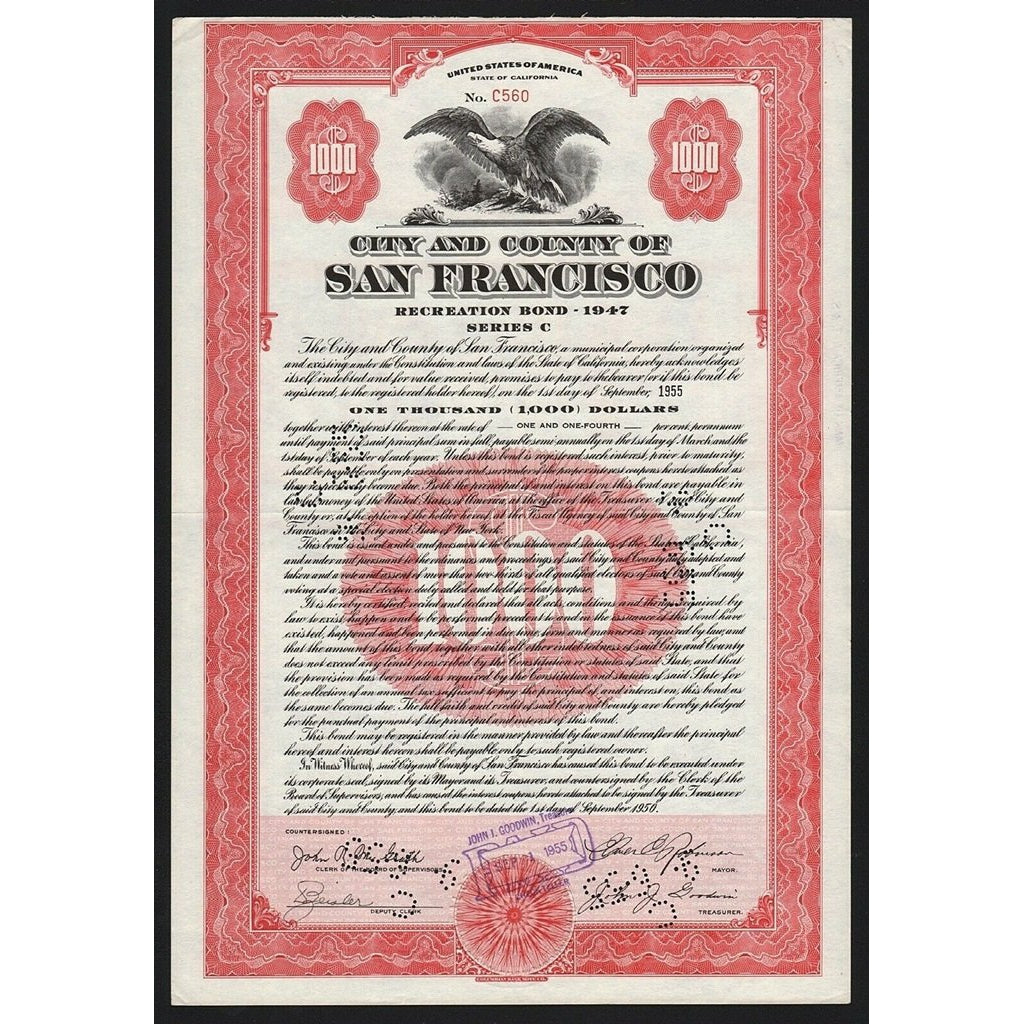 City and County of San Francisco 1950 California Bond Certificate