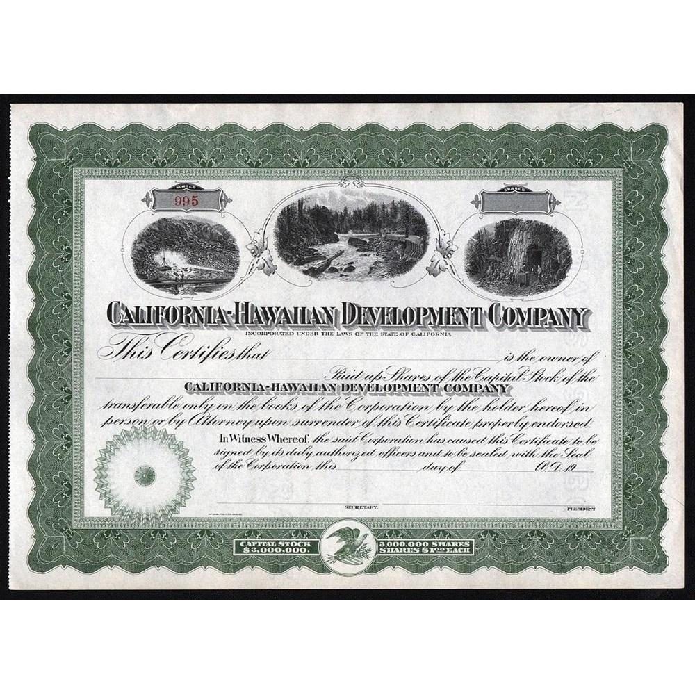 California-Hawaiian Development Company (unissued) Stock Certificate
