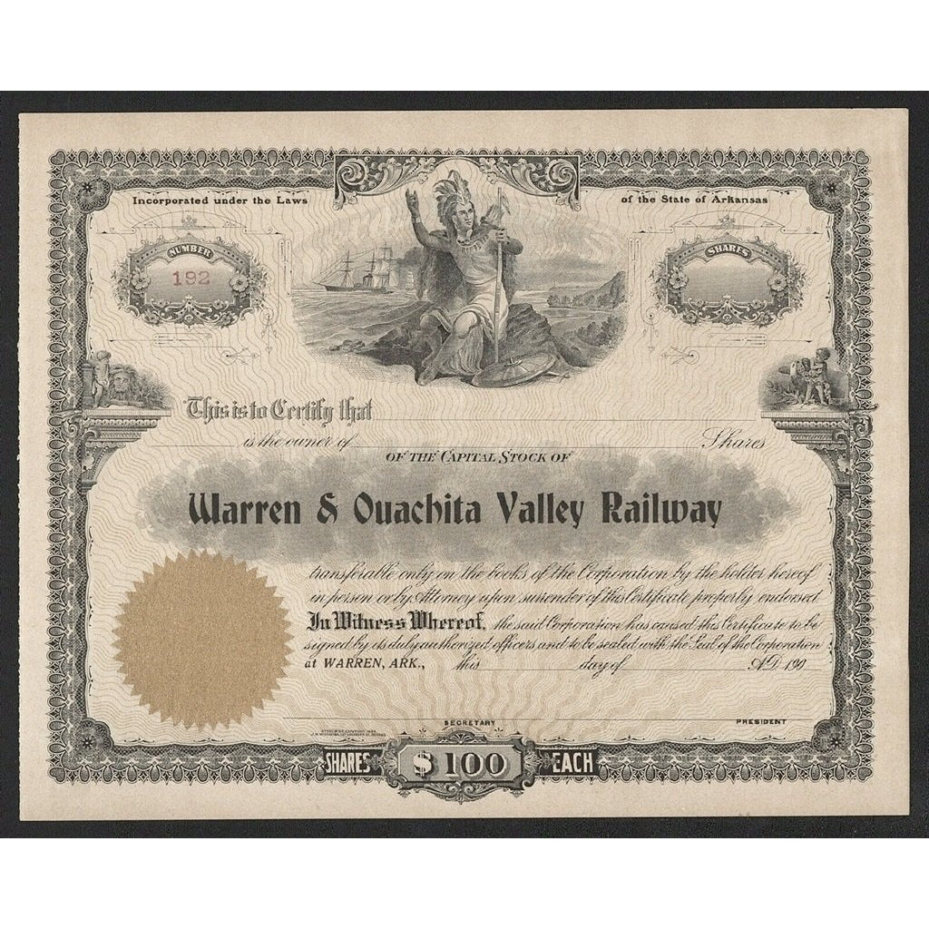 Warren & Ouachita Valley Railway Arkansas Stock Certificate