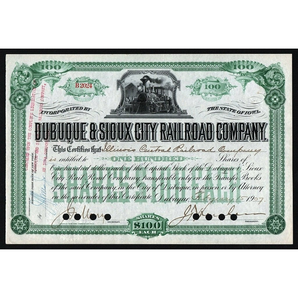 Dubuque & Sioux City Railroad Company Iowa 1907 Stock Certificate