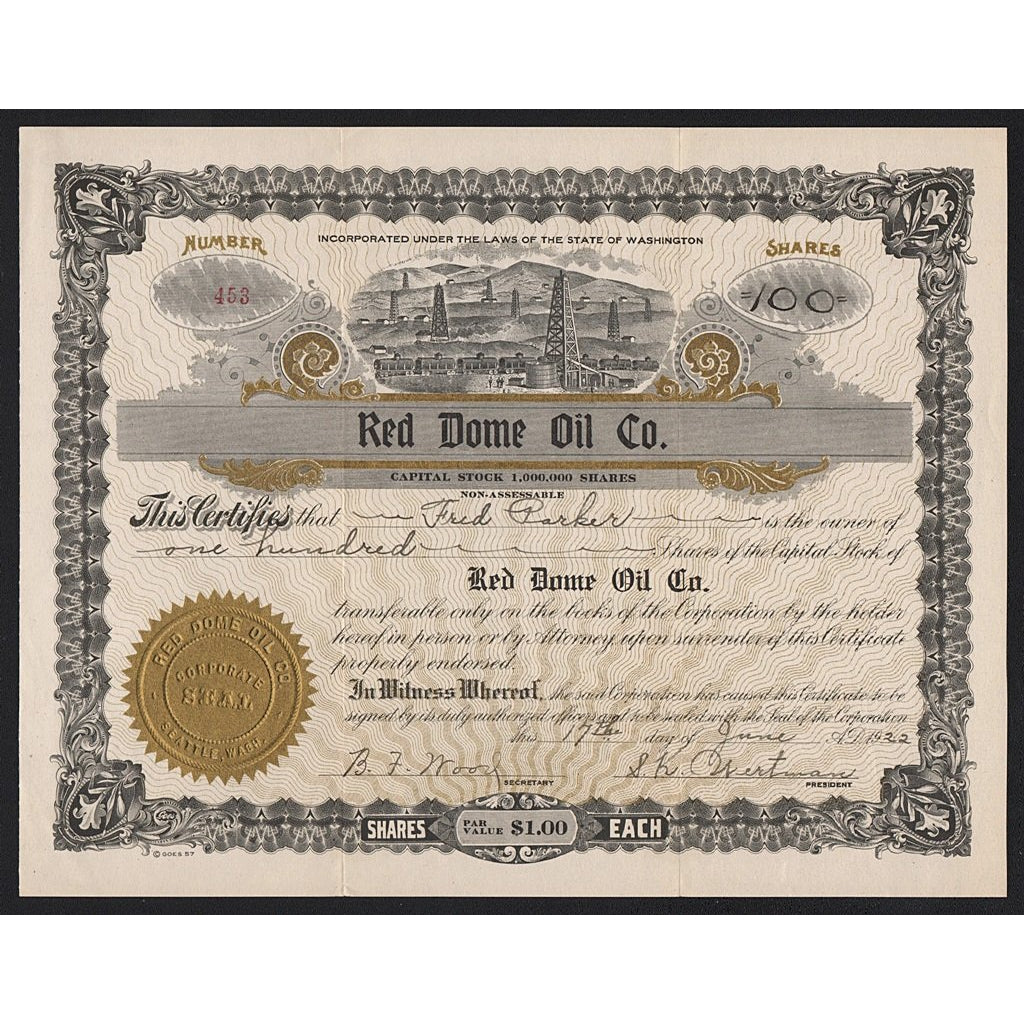 Red Dome Oil Company Washington Stock Certificate