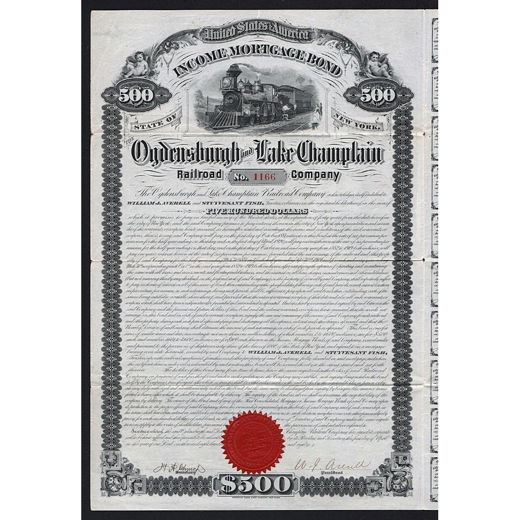 Ogdensburgh and Lake Champlain Railroad Company 1880 Bond Certificate - Stuyvesant Fish Signature
