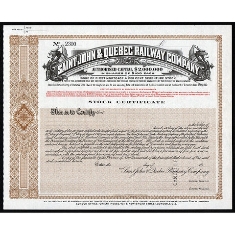 St. John & Quebec Railway Company New Brunswick Stock Certificate