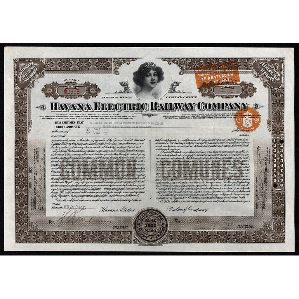 Havana Electric Railway Company 1927 Cuba Stock Certificate