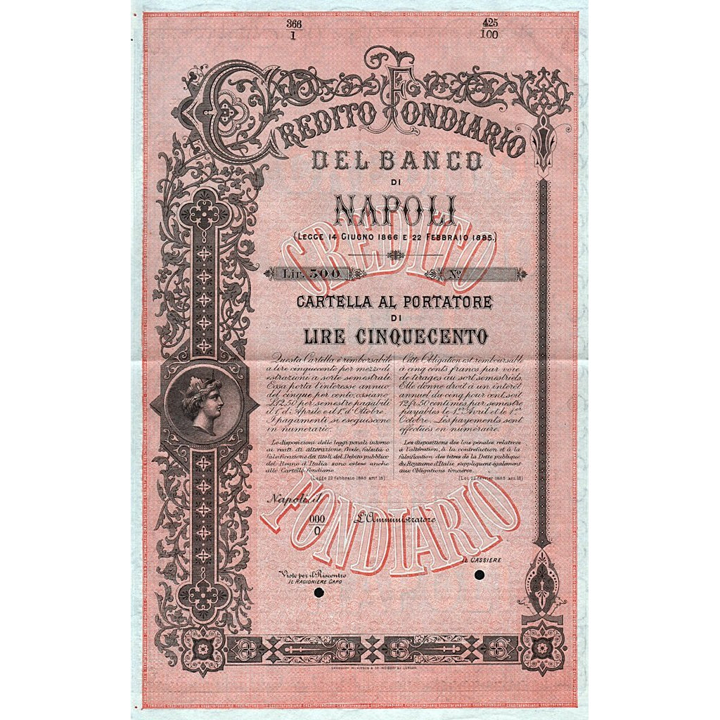 Credito Fondiario Del Banco Di Napoli 1885 Italy Stock Certificate