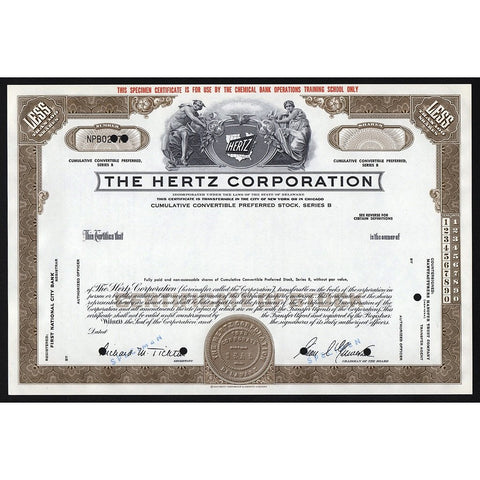 The Hertz Corporation (Specimen) Auto Rental Company Stock Certificate