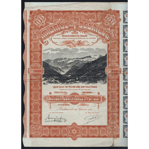 Amiantes de Poschiavo 1906 Schweiz Switzerland Stock Certificate