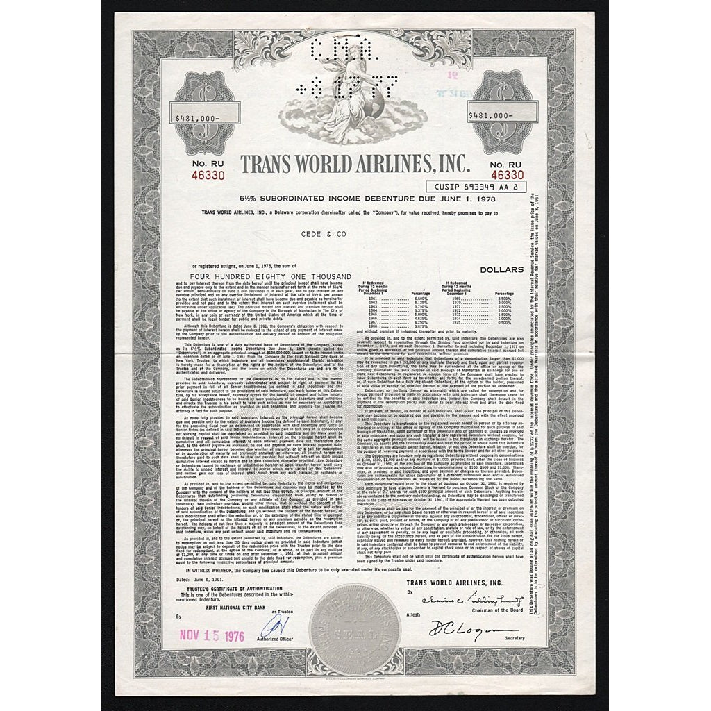 TWA - Trans World Airlines, Inc. ($481,000) Bond Certificate