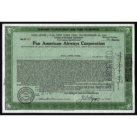 PanAm Pan American Airways Corporation Share Warrant Stock Certificate