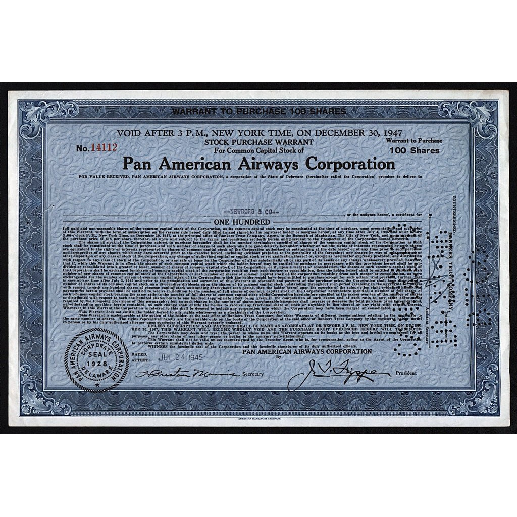 PanAm Pan American Airways Corporation Warrant Stock Certificate