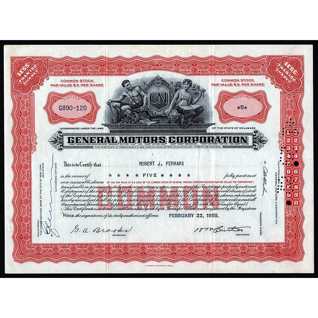 General Motors Corporation Ferrari 1955 Stock Certificate