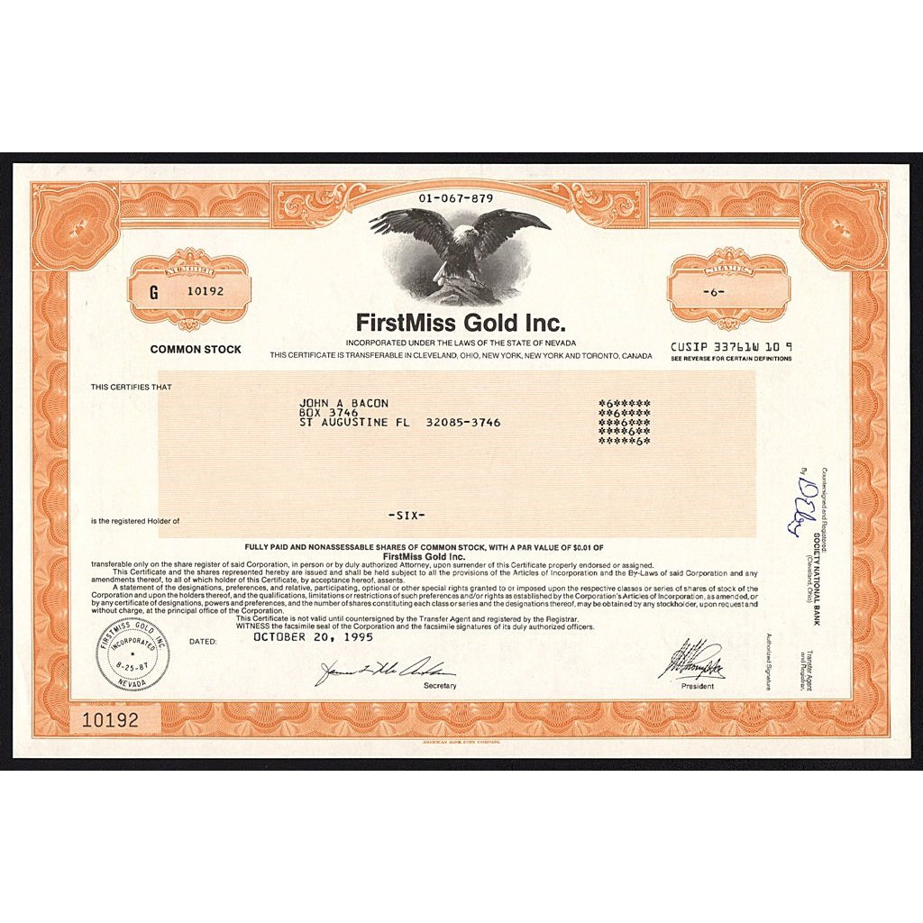 FirstMiss Gold Inc. Nevada Mining Stock Certificate