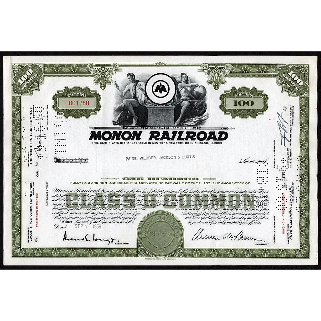 Monon Railroad Indiana Stock Certificate