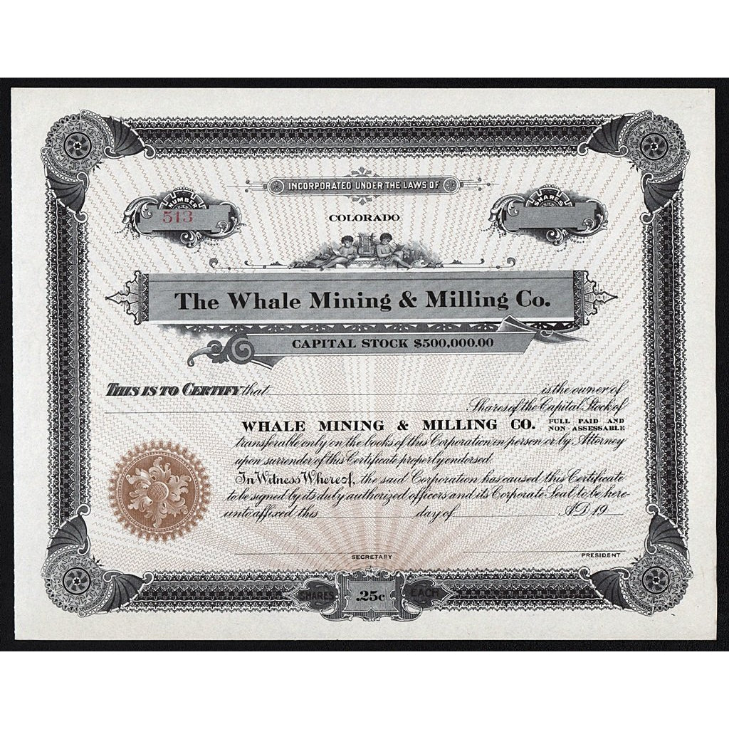 The Whale Mining & Milling Co. Colorado Stock Certificate
