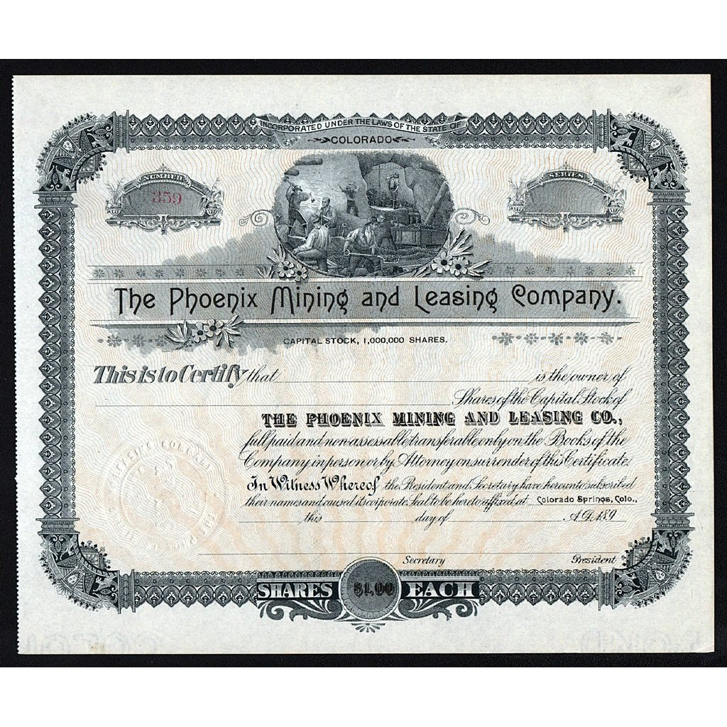 The Phoenix Mining and Leasing Company Colorado Stock CertificateThe Phoenix Mining and Leasing Company Colorado Stock Certificate