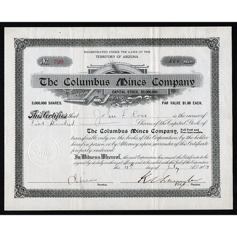 The Columbus Mines Company 1913 Arizona Stock Certificate