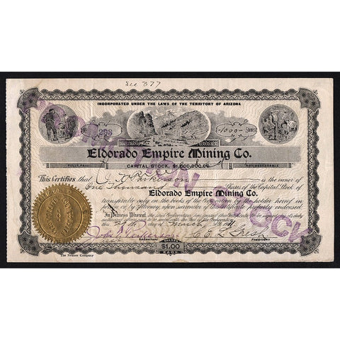 Eldorado Empire Mining Co. 1911 Arizona Stock Certificate