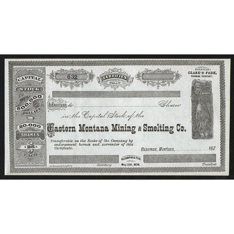 Eastern Montana Mining and Smelting Co. Bozeman Stock Certificate