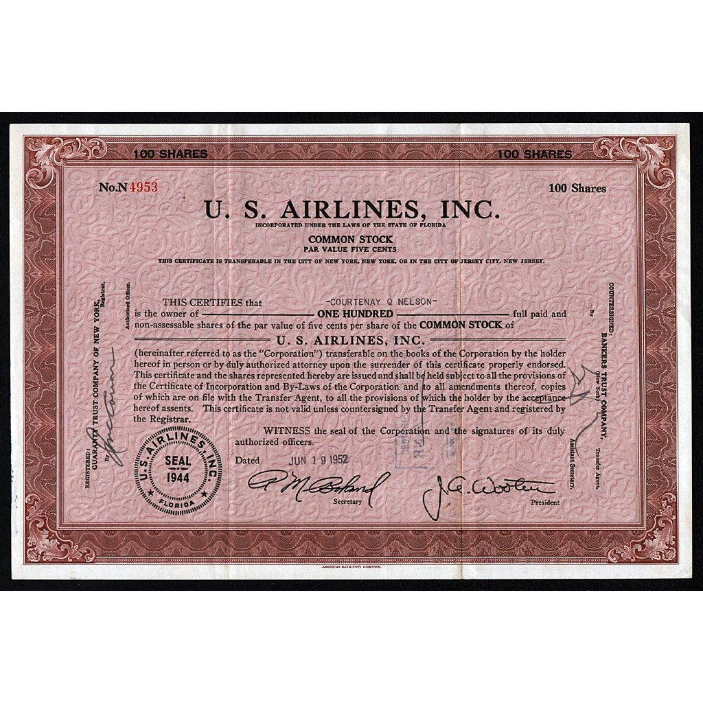 U.S. Airlines, Inc. 1952 Florida Stock Certificate