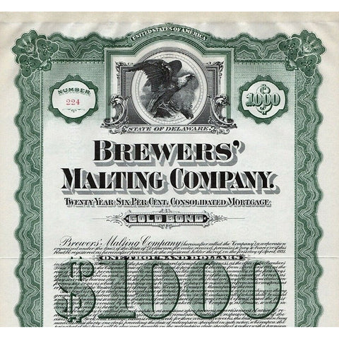 Brewers' Malting Company 1911 $1000 Gold Bond Certificate