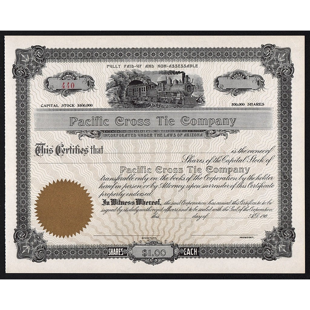 Pacific Cross Tie Company Arizona Railroad Stock Certificate