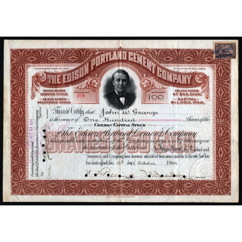 The Edison Portland Cement Company 1899 New Jersey Stock Certificate