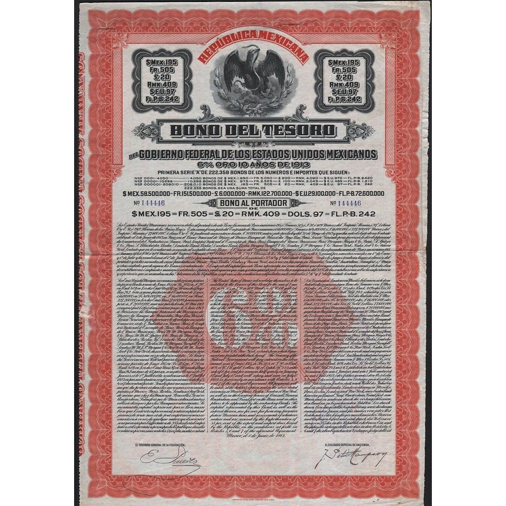 Republica Mexicana: Bono del Tesoro del Gobierno Federal De Los Estados Unidos Mexicanos 1913 Mexico Bond Certificate